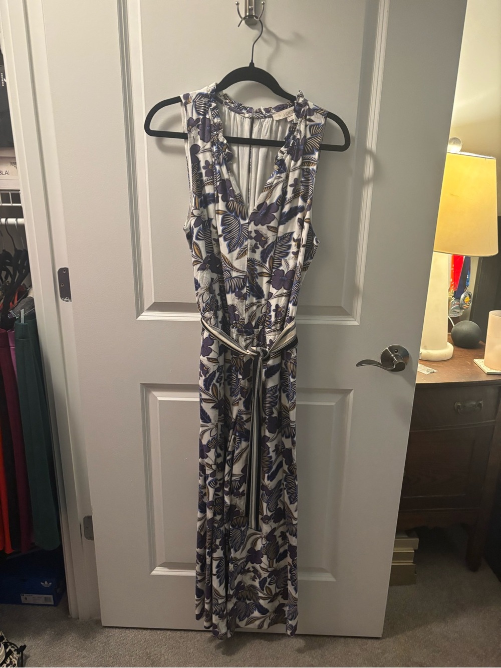 LOFT cream and purple patterned jumpsuit